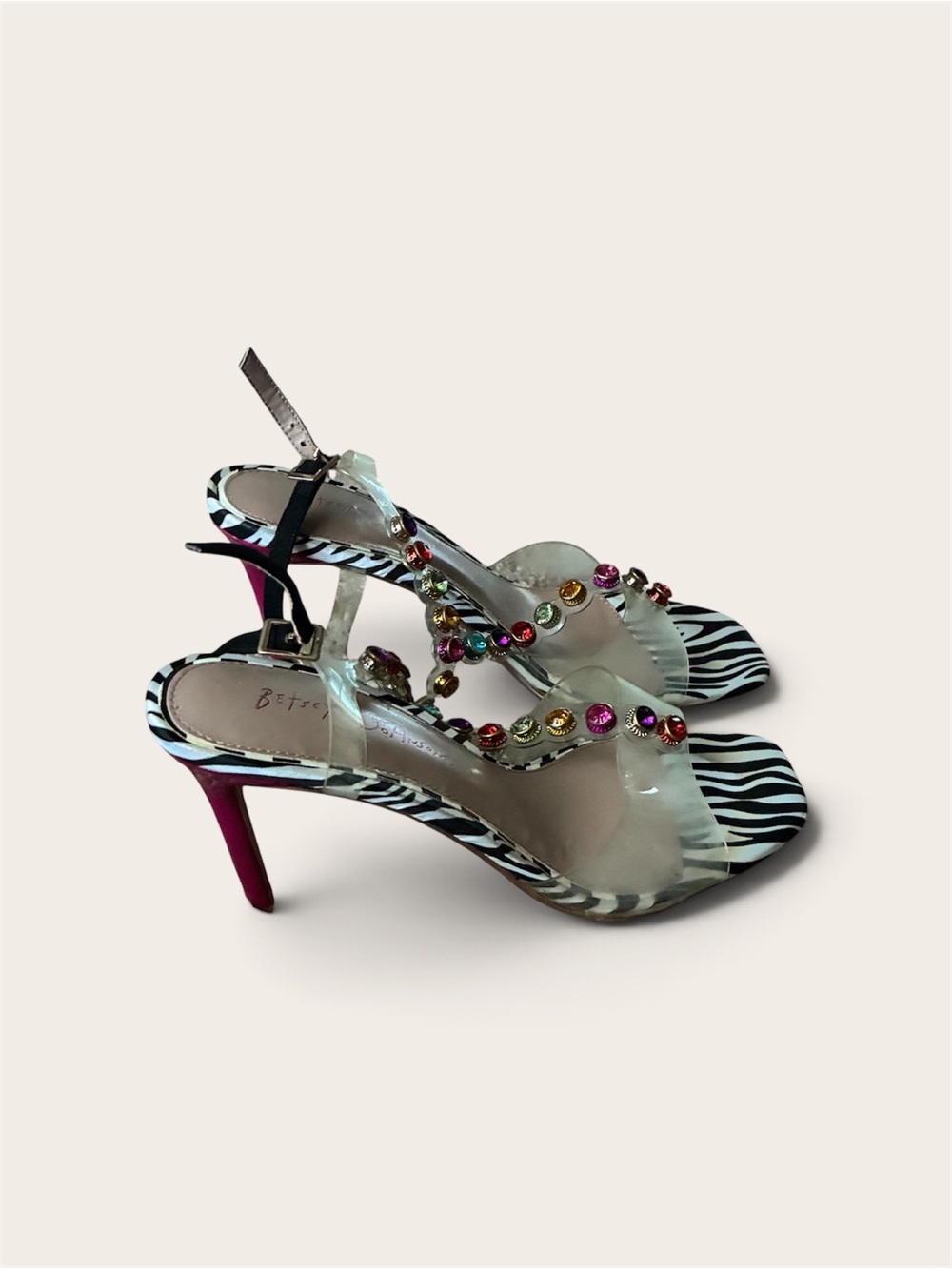 Betsey Johnson Black Zebra Print Heels with Multi-Colored Gem Accents